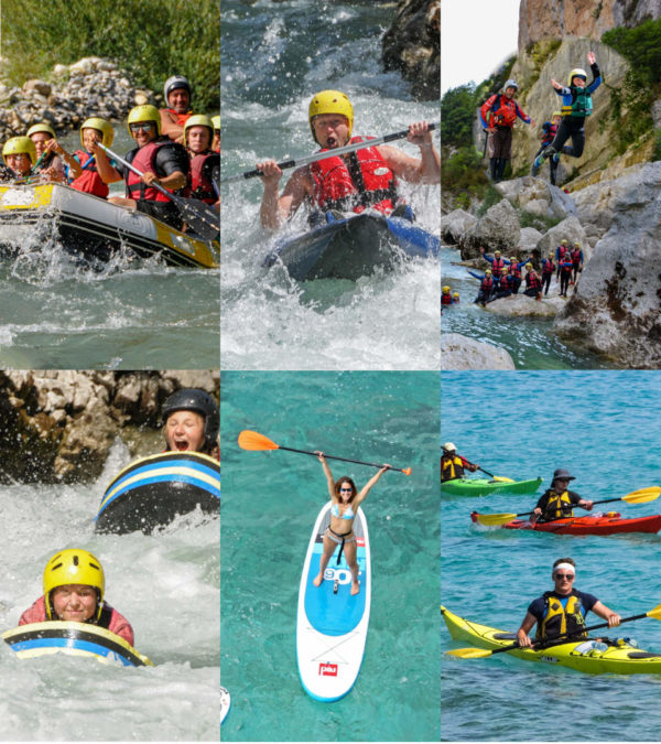 Un aperçu des activités proposées par Aquarêve : Rafting, Canyoning, Kayak-Raft, Hydrospeed, Kayake de mer et Stand up paddle.